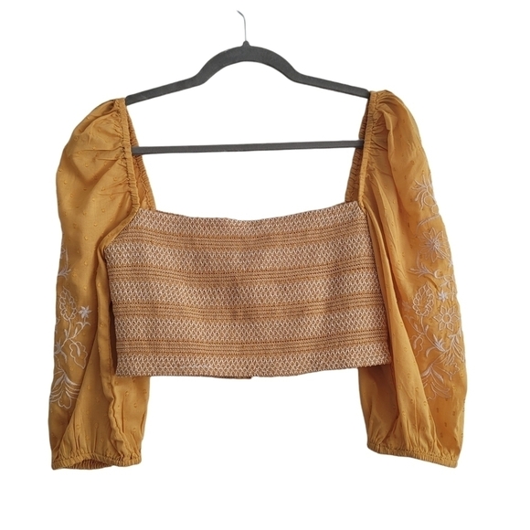 Forever 21 Yellow Embroidered Puff Sleeve Smocked Tie Front Crop Top Shirt - Picture 2 of 8